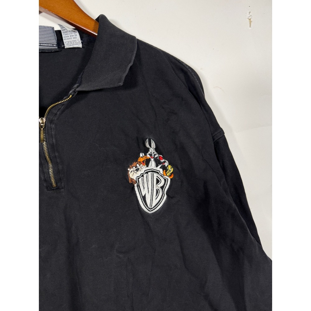 Vintage 1995 Warner Bros Studio Store Looney Tunes Quarter Zip Polo Black XL - Picture 2 of 8